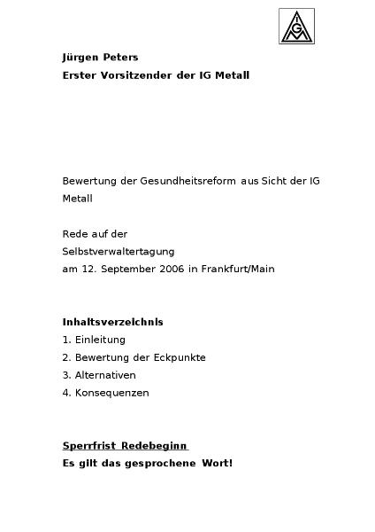 Jürgen Peters: Bewertung der Gesundheitsreform aus Sicht der IG Metall, Rede auf der Selbstverwaltertagung, 12.09.06 in Frankfurt