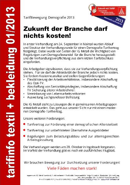 Demografie 2013: Zukunft der Branche darf nichts kosten!, Tarifinfo Textil + Bekleidung 01/2013