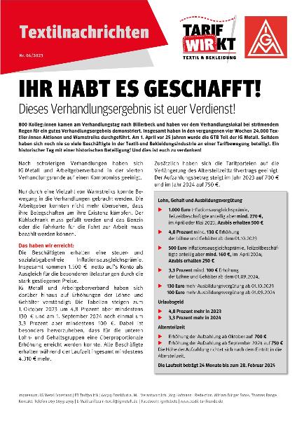 Ihr habt es geschafft! Dieses Verhandlungsergebnis ist euer Verdienst!, Textilnachrichten Nr. 6/2023