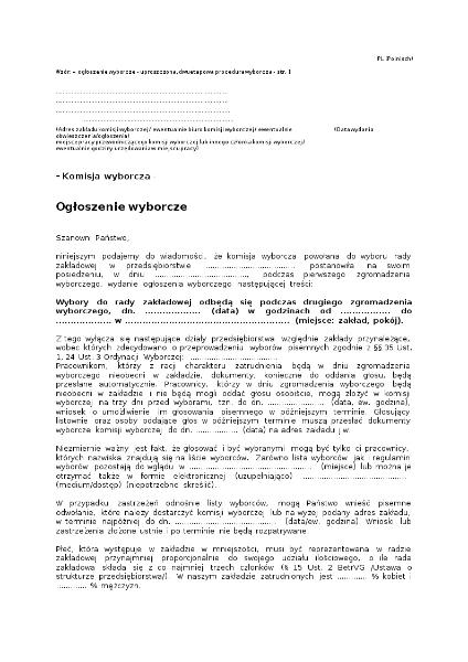 Wzór: – og?oszenie wyborcze - uproszczona, dwuetapowa procedura wyborcza, Wahlausschreiben zur vereinfachten zweistufigen Betriebsratswahl, polnisch