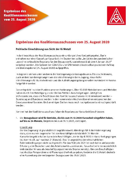 Ergebnisse des Koalitionsausschusses vom 25. August 2020 - Politische Einschätzung aus Sicht der IG Metall