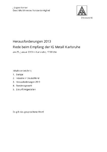 Jürgen Kerner: Herausforderungen 2013, Rede beim Empfang der IG Metall Karlsruhe, 25. Januar 2013