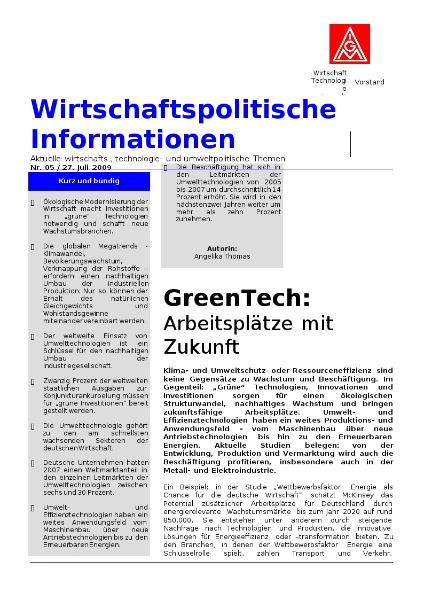 Wirtschaftspolitische Informationen 05 / 2009 - GreenTech: Arbeitsplätze mit Zukunft