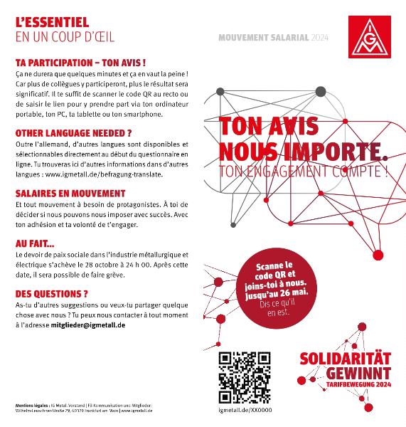 Flyer zur Befragung und Tarifbewegung ME 2024 - in französischer Sprache