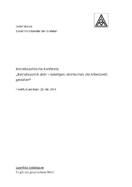 Detlef Wetzel: Betriebspolitische Konferenz am 20. Mai 2014 in Frankfurt