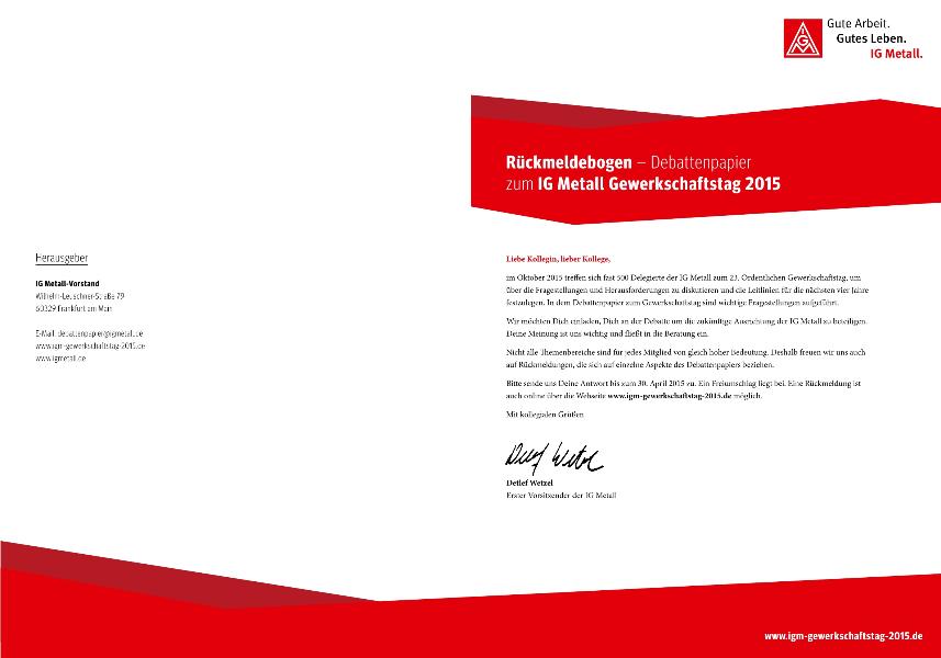Rückmeldebogen – Debattenpapier zum IG Metall Gewerkschaftstag 2015