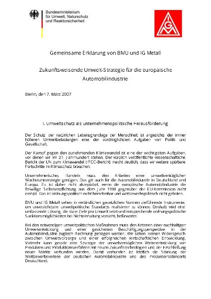 Zukunftsweisende Umwelt-Strategie für die europäische Automobilindustrie, Gemeinsame Erklärung von BMU und IG Metall vom 7. März 2007