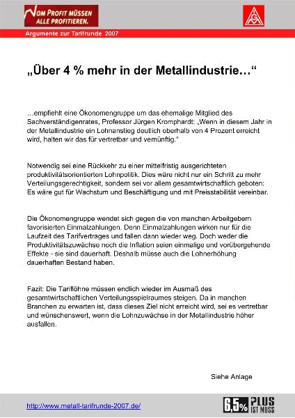 Über 4 Prozent mehr in der Metallindustrie... - Argument zur Tarifrunde 2007