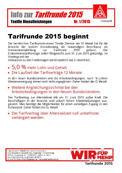 Tarifrunde 2015 beginnt!, Info zur Tarifrunde 2015, Textile Dienstleistungen, Nr. 1/2015