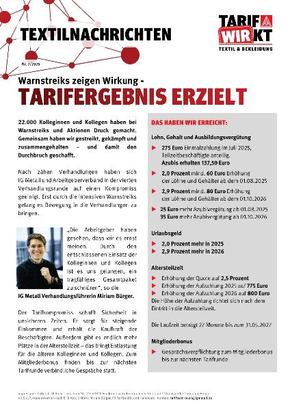 Warnstreiks zeigen Wirkung - Tarifergebnis erzielt. Textilnachrichten Nr. 7/2025