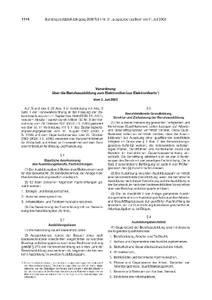 Verordnung über die Berufsausbildung zum Elektroniker/zur Elektronikerin