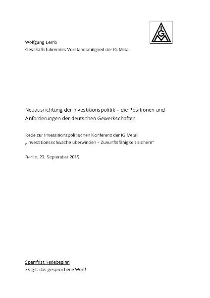Rede Wolfgang Lemb Investitionspolitische Konferenz
