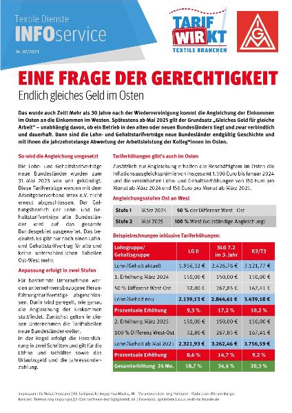 Eine Frage der Gerechtigkeit. Endlich gleiches Geld im Osten, Infoservice Textile Dienste Nr. 7/2023