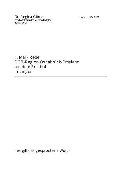 Regina Görner: 1. Mai 2009, DGB-Region Osnabrück-Emsland, auf dem Emshof in Lingen