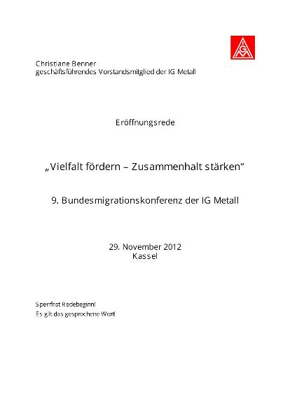 Christiane Benner: Vielfalt fördern - Zusammenhalt stärken, 9. Bundesmigrationskonferenz der IG Metall, Kassel, 29. November 2012