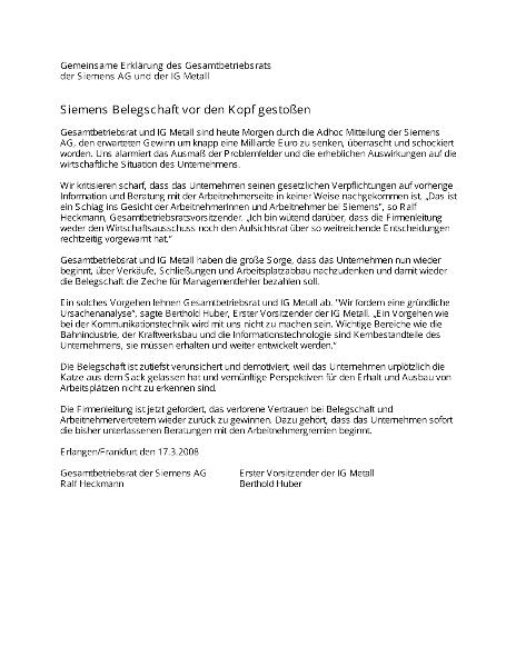 Gemeinsame Erklärung des Gesamtbetriebsrats der Siemens AG und der IG Metall