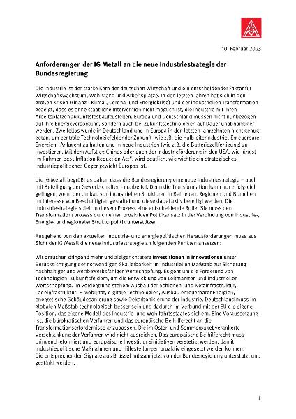 Anforderungen der IG Metall an die neue Industriestrategie der Bundesregierung