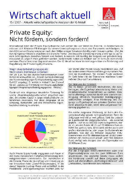 Wirtschaft aktuell 15/2007: Private Equity - Nicht fördern, sondern fordern!