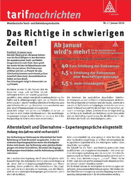 Das Richtige in schwierigen Zeiten! Tarifnachrichten Nr. 1/2010