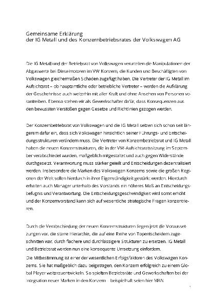 Gemeinsame Erklärung der IG Metall und des Konzernbetriebsrates der Volkswagen AG