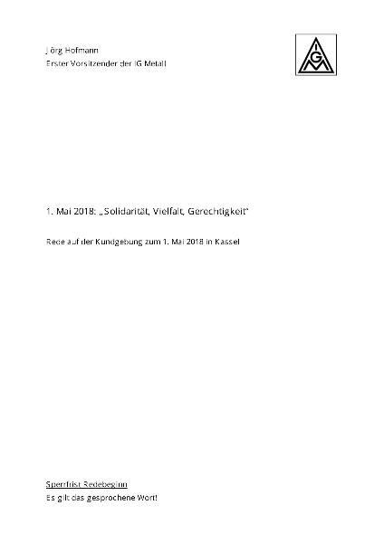 Jörg Hofmann: 1. Mai. Solidarität, Vielfalt, Gerechtigkeit, Mairede Kassel