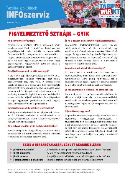 Warnstreik-FAQ, Infoservice Textile Dienste Nr. 4/2023, ungarisch