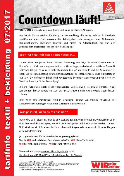 Der Countdown läuft!, Tarifinfo Textil + Bekleidung 07/2017