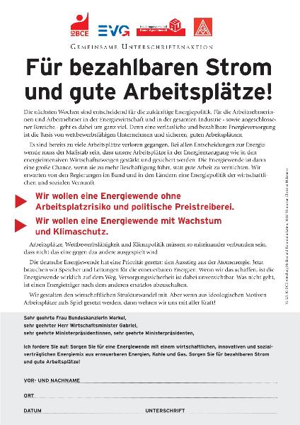 Gemeinsame Unterschriftenaktion: Für bezahlbaren Strom und gute Arbeitsplätze!