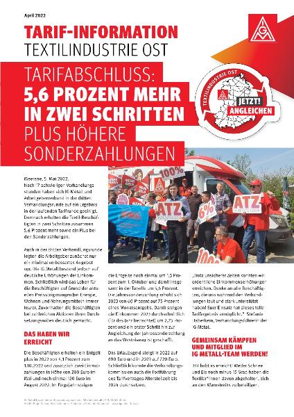 Tarifabschluss: 5,6 Prozent mehr in zwei Schritten plus höhere Sonderzahlungen, Tarif-Information Textilindustrie Ost, Mai 2022