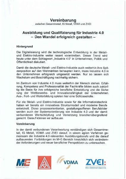 Vereinbarung zwischen Gesamtmetall, IG Metall, VDMA, und ZVEI: 