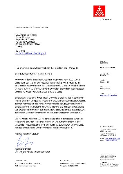 2015 2 6 Brief an den türkischen Premierminister