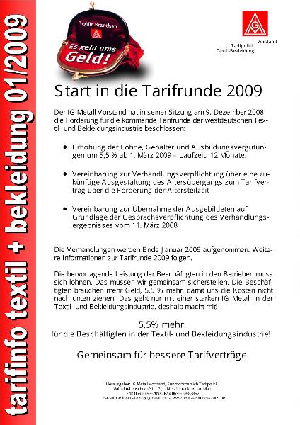 Start in die Tarifrunde 2009, Tarifinfo Textil-Bekleidung 1/2009