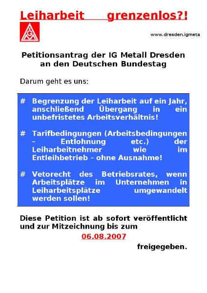 Leiharbeit grenzenlos?! - Petitionsantrag der IG Metall Dresden an den Deutschen Bundestag