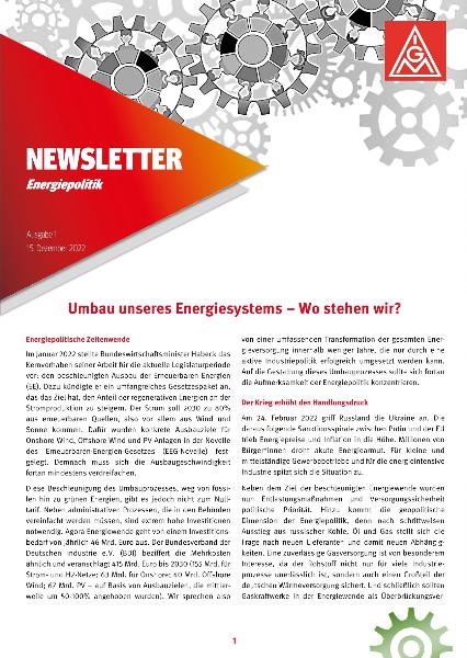 Umbau unseres Energiesystems: Wo stehen wir?, Newsletter Energiepolitik Nr. 1, 15. Dezember 2022