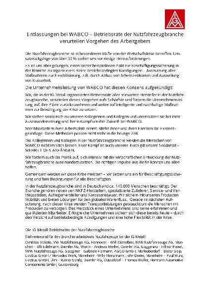 Entlassungen bei WABCO - Betriebsräte der Nutzfahrzeugbranche verurteilen Vorgehen des Arbeitgebers