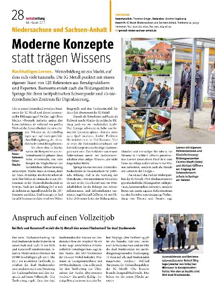 metallzeitung - Regionalseiten Niedersachsen und Sachsen-Anhalt Juli/ August 2017