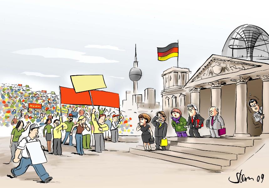 Karikatur von Robert Stern mit leeren, farbigen Transparenten zum selbst Beschriften