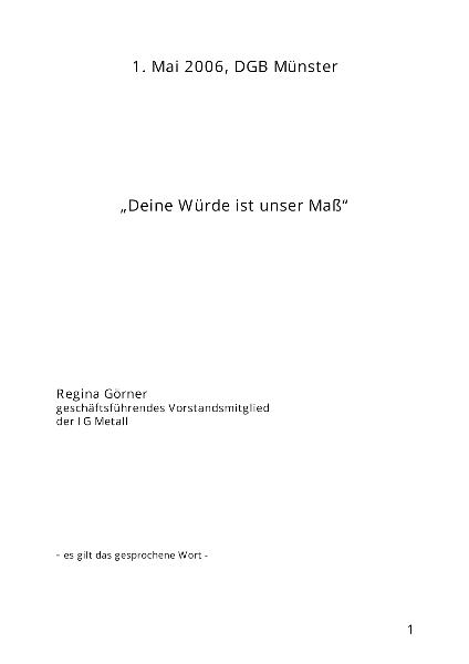 Regina Görner: Rede auf der DGB-Kundgebung zum Tag der Arbeit am 01. Mai 2006 in Münster