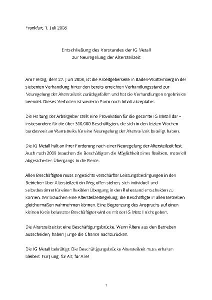 Entschließung des Vorstandes der IG Metall zur Neuregelung der Altersteilzeit