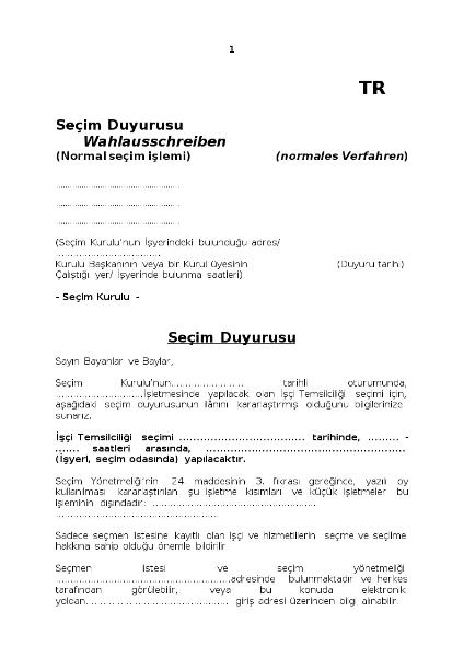 Seçim Duyurusu(Normal seçim i?lemi), Wahlausschreiben zur normalen Betriebsratswahl, türkisch