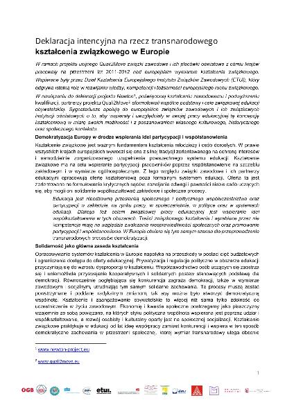 Absichtserklärung für eine transnationale gewerkschaftliche Bildung in Europa (polnische Fassung)