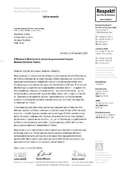 Lettre ouverte à Madame la Ministre de la Justice du gouvernement français Madame Christiane Taubira