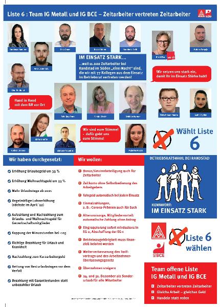 Plakat der Liste 6 zur Betriebsratswahl 2022 bei Randstad Sued