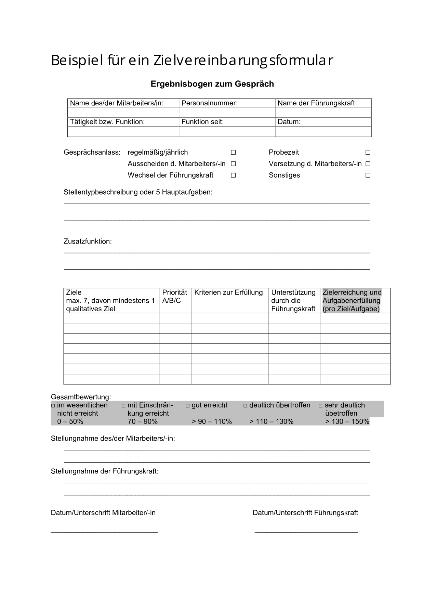 Beispiel für ein Zielvereinbarungsformular
