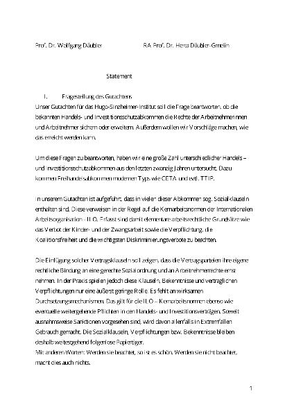 Prof. Dr. Wolfgang Däubler/RA Prof. Dr. Herta Däubler-Gmelin: Pressestatement zum Rechtsgutachtens ''Freihandel und Investorenschutz – verbindliche und effektive soziale Korrekturen?''