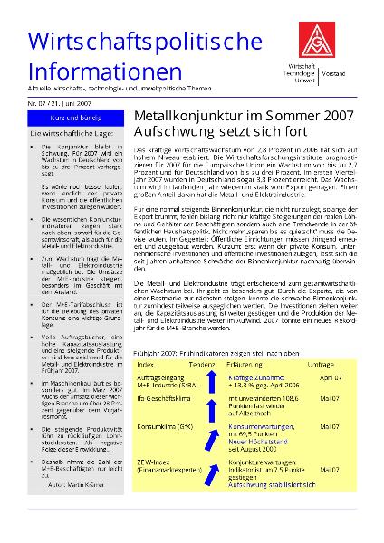 Wirtschaftspolitische Informationen 07/2007 - Metallkonjunktur im Sommer 2007: Aufschwung setzt sich fort