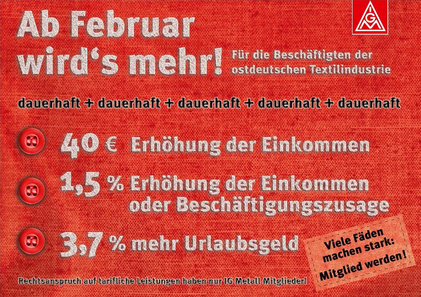 Ab Februar wird's mehr! Für die Beschäftigten der Textil- und Bekleidungsindustrie (Ost)