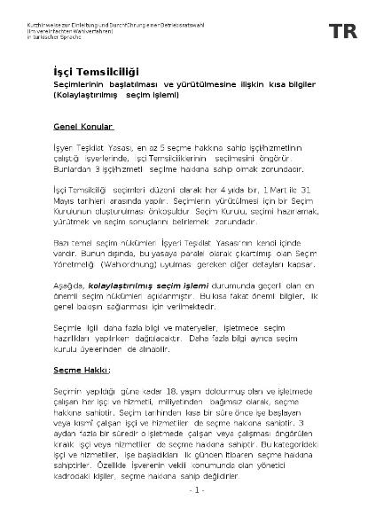 ??çi Temsilcili?i seçimlerinin ba?lat?lmas? ve yürütülmesine ili?kin k?sa bilgiler - Hinweise - Einleitung und Durchführung der BRW - vereinfacht, türkisch