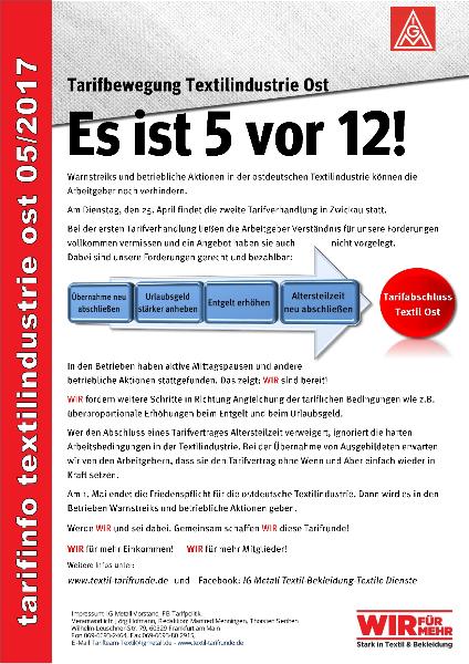 Tarifbewegung Textilindustrie Ost: Es ist 5 vor 12!, Tarifinfo Textilindustrie Ost 05/2017