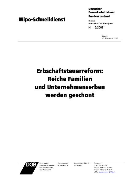 DGB: Wipo-Schnelldienst Nr. 16, Erbschaftsteuerreform: Reiche Familien und Unternehmenserben werden geschont